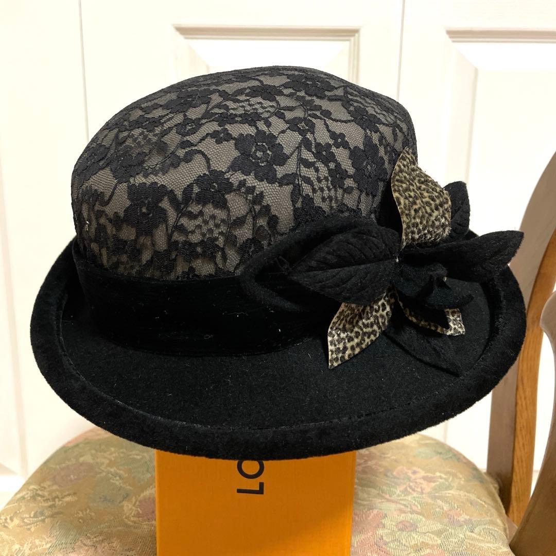 マキシン黒 レース ハットコサージュ兎毛黄綬褒章受賞山口巌さんデザイン皇室御用達