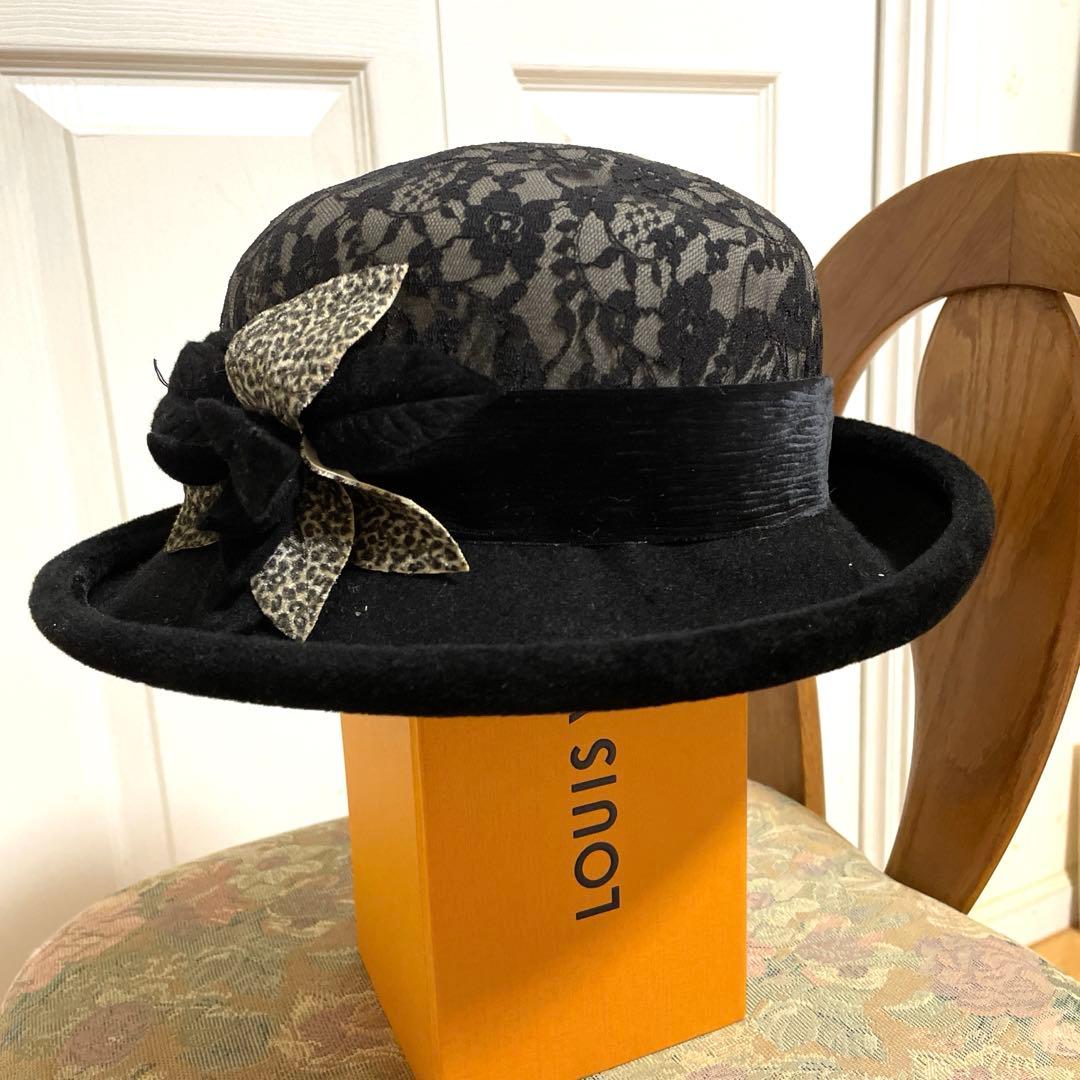 マキシン黒 レース ハットコサージュ兎毛黄綬褒章受賞山口巌さんデザイン皇室御用達