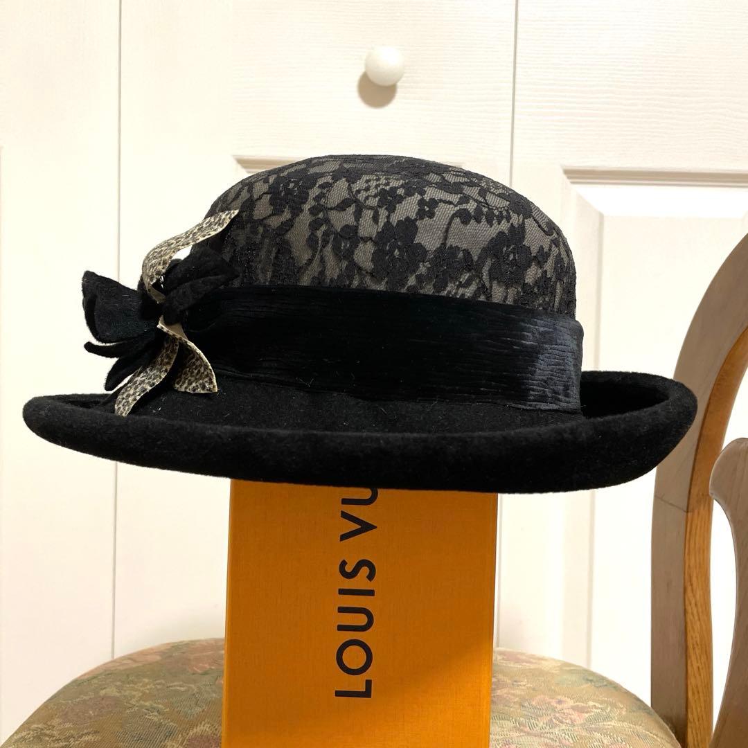 マキシン黒 レース ハットコサージュ兎毛黄綬褒章受賞山口巌さんデザイン皇室御用達