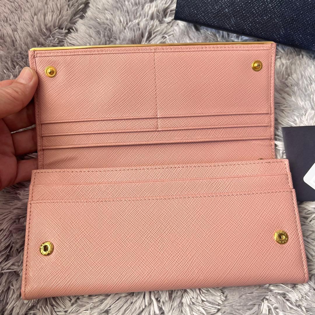 極美品✨PRADA サフィアーノ　メタルバー　ベビーピンク　長財布　レディース