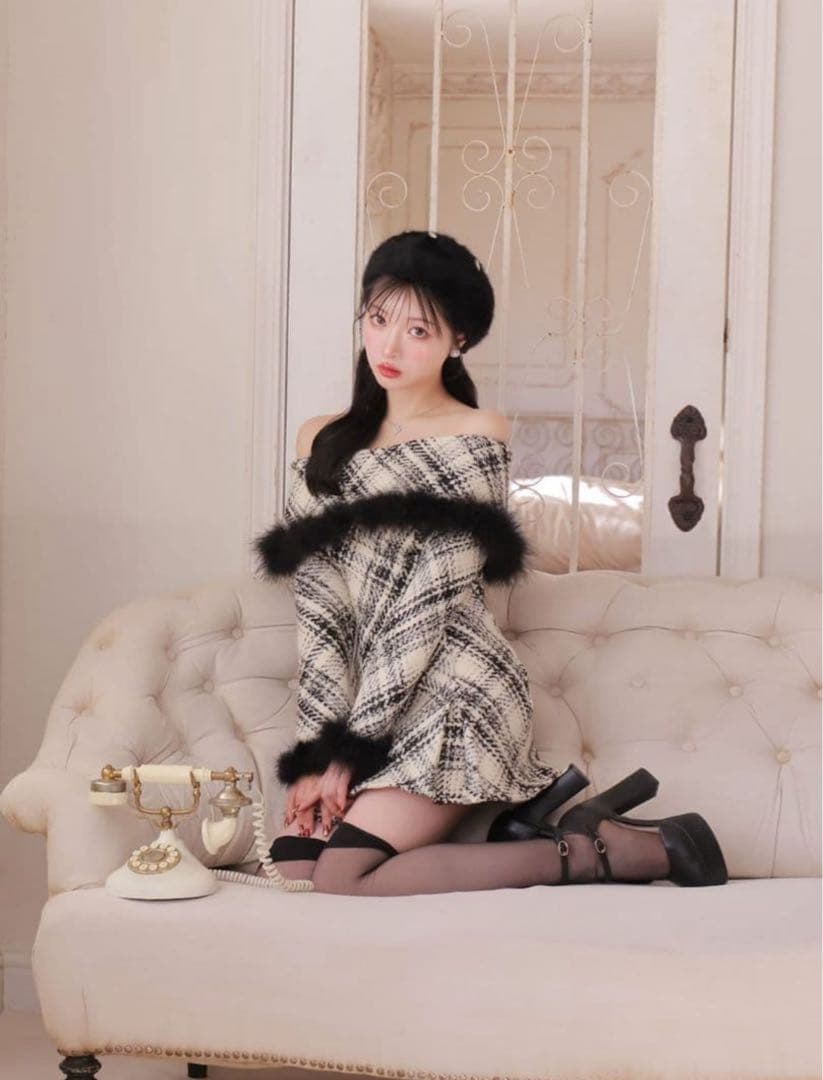 ワンピース Off shoulder roving check mini one piece