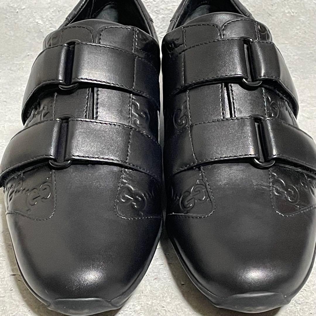 美品　グッチ　GUCCI （36） シマレザー　gg柄　スニーカー　ベルクロ　黒
