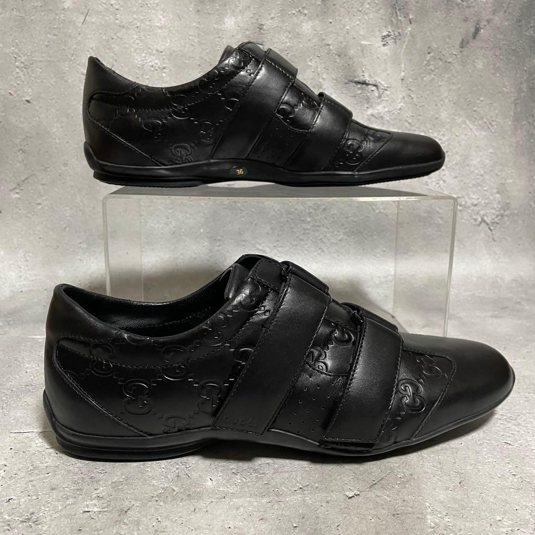 美品　グッチ　GUCCI （36） シマレザー　gg柄　スニーカー　ベルクロ　黒