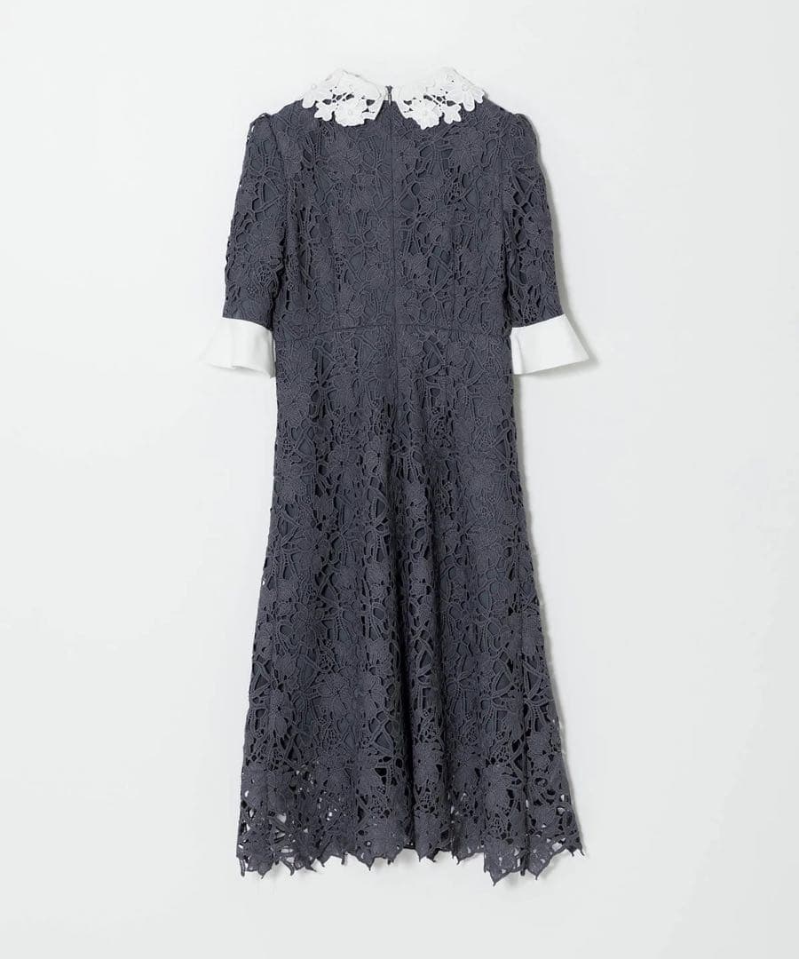 【Leja】花柄レースカラースパンコールAラインワンピースドレス（青/Sサイズ）