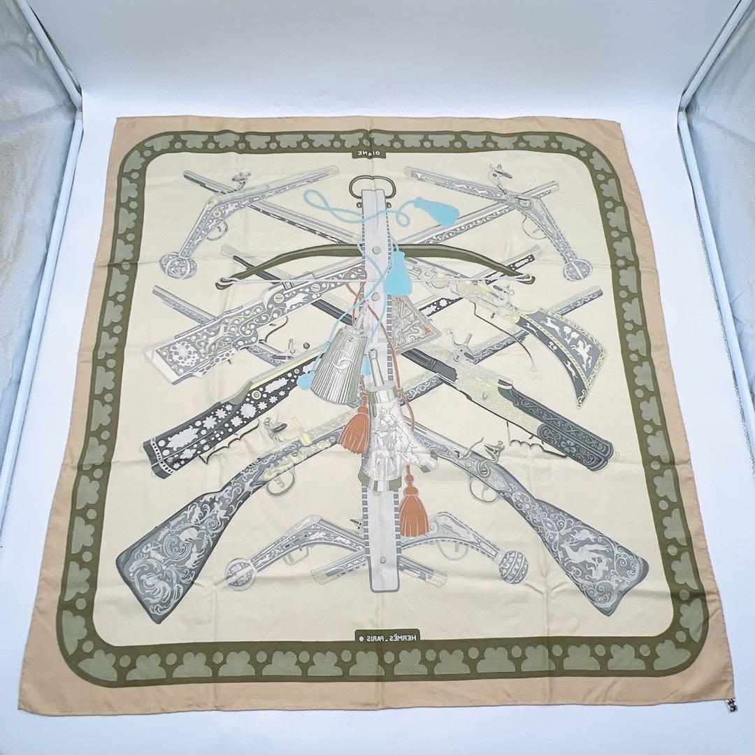 エルメス シルクスカーフ カレ90 DIANE ダイアナ 狩猟 銃 ベージュ希少