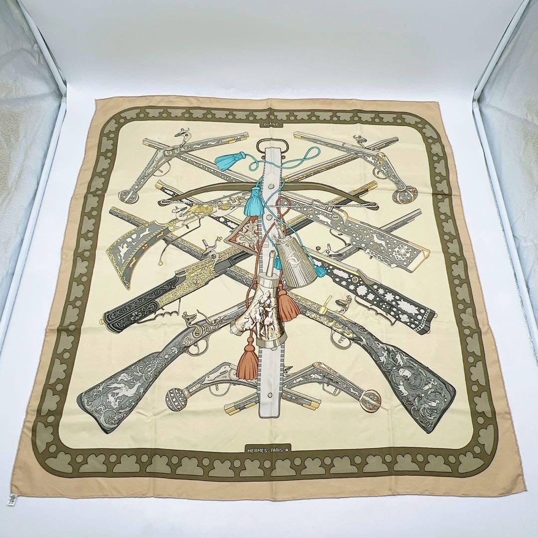 エルメス シルクスカーフ カレ90 DIANE ダイアナ 狩猟 銃 ベージュ希少