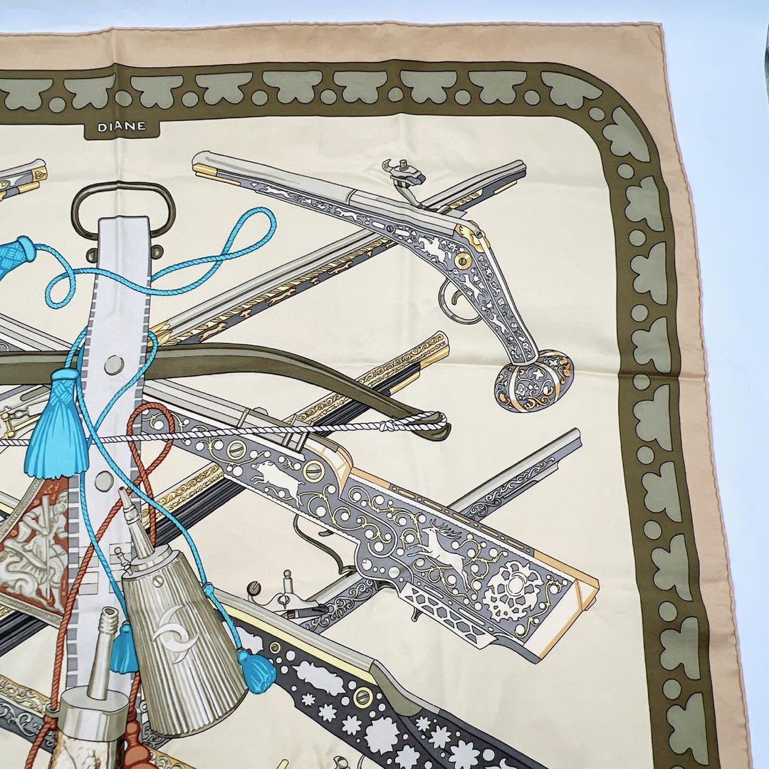 エルメス シルクスカーフ カレ90 DIANE ダイアナ 狩猟 銃 ベージュ希少