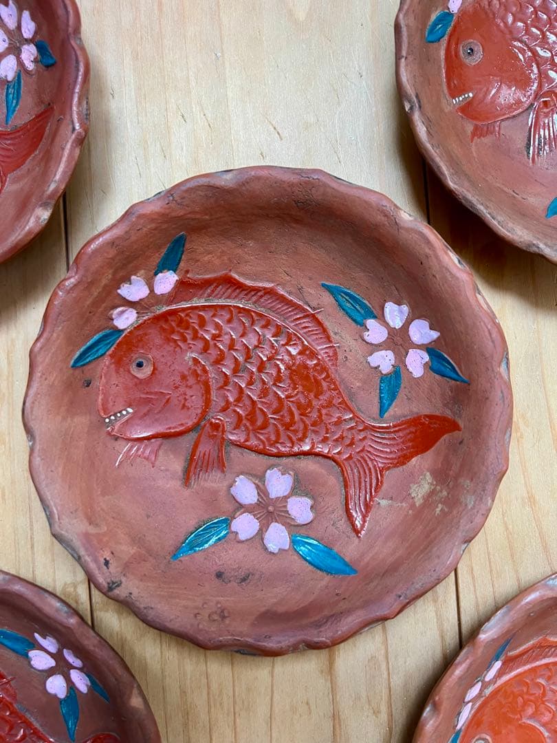 せんべい皿　鯛の図B 5枚セット　絵備前　色備前　備前焼　小皿　アンティーク