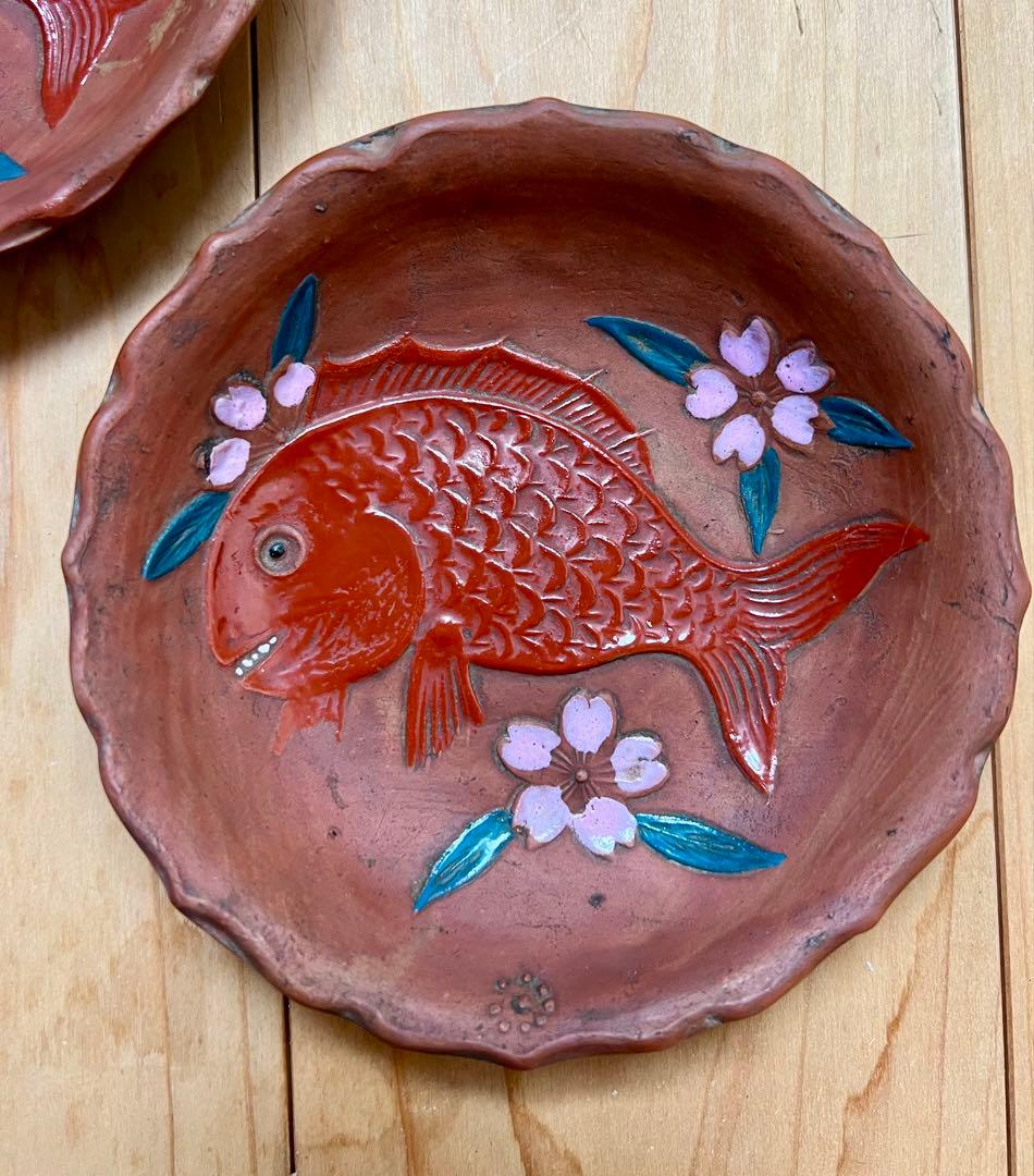 せんべい皿　鯛の図B 5枚セット　絵備前　色備前　備前焼　小皿　アンティーク