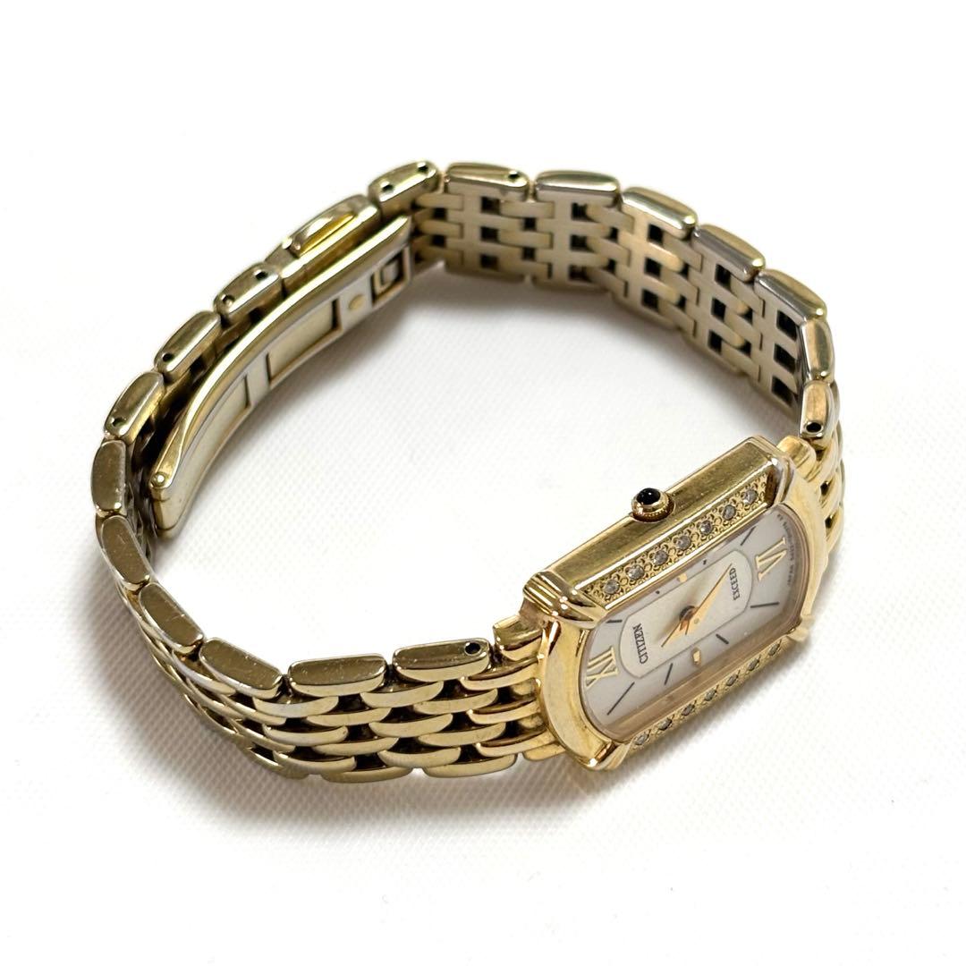 稼働品◆シチズン・エクシード ダイヤベゼル クォーツ 白文字盤 ゴールド