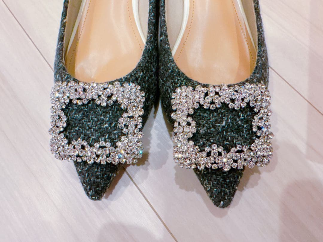 OHGA ビジュー付きポインテッドツイードフラットシューズ