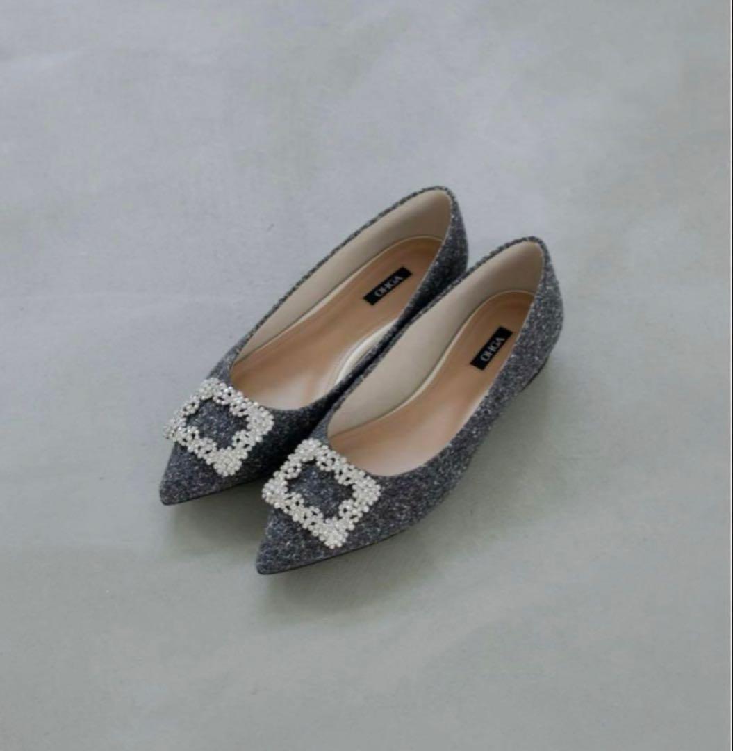 OHGA ビジュー付きポインテッドツイードフラットシューズ