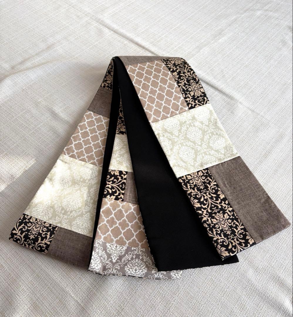 半幅帯　パッチワーク　ダマスク　正絹ちりめん