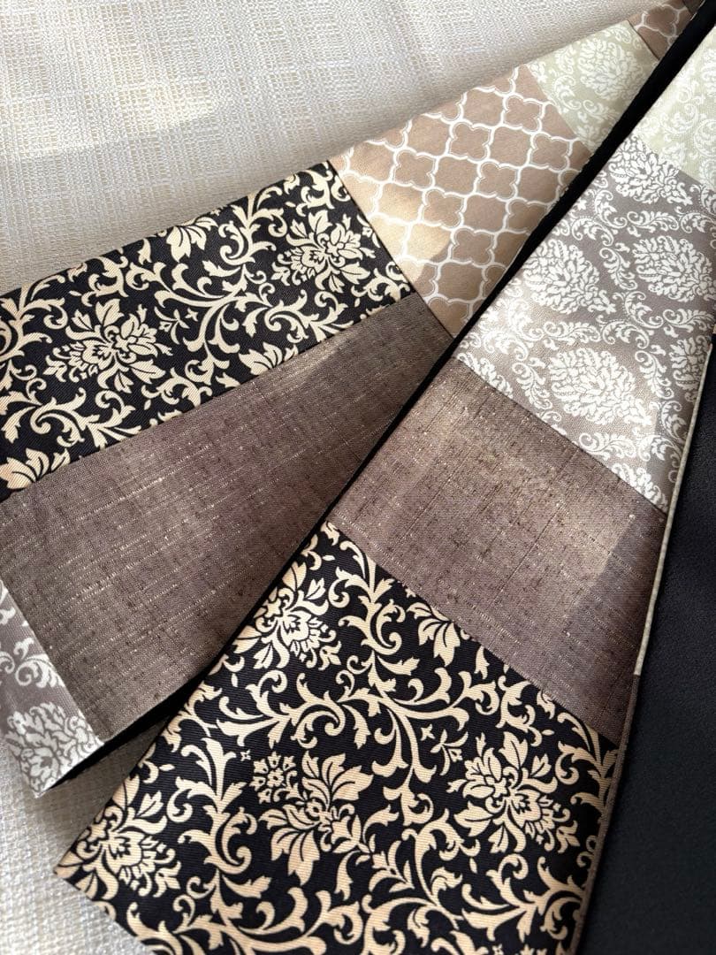 半幅帯　パッチワーク　ダマスク　正絹ちりめん