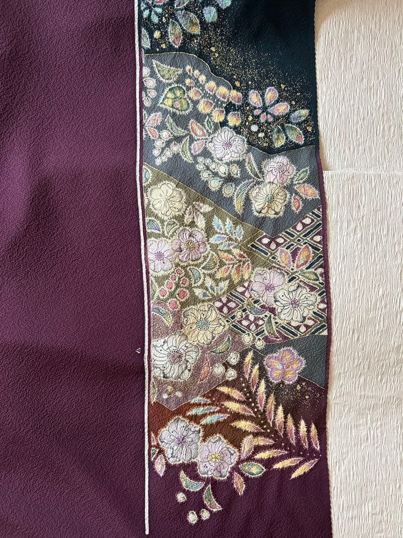 着物反物　正絹　桐屋翠山工房製　辻が花模様　絞り　茶紫