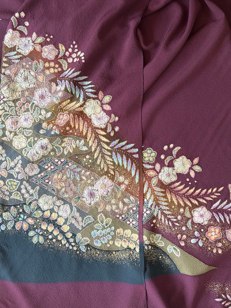 着物反物　正絹　桐屋翠山工房製　辻が花模様　絞り　茶紫