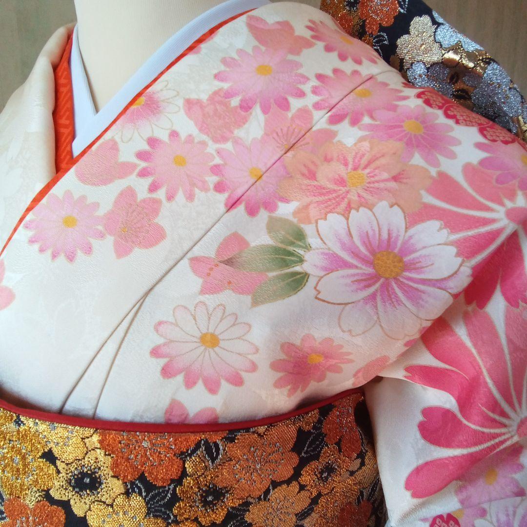 5157 振袖帯2点セット　正絹 白 オレンジ　成人式結婚式卒業式