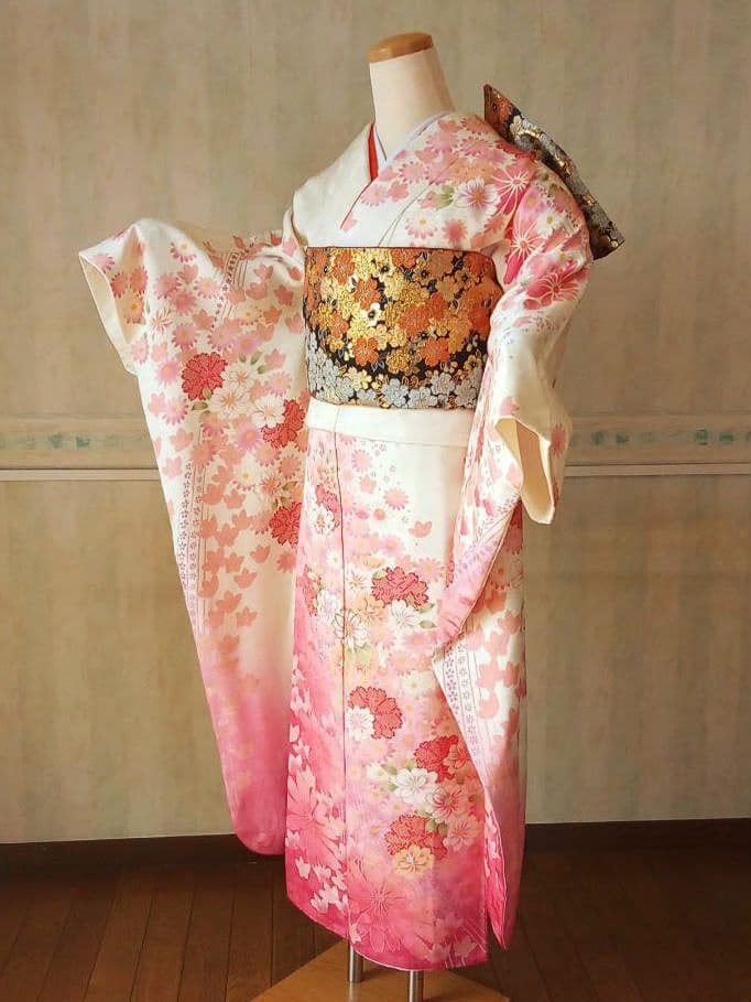 5157 振袖帯2点セット　正絹 白 オレンジ　成人式結婚式卒業式