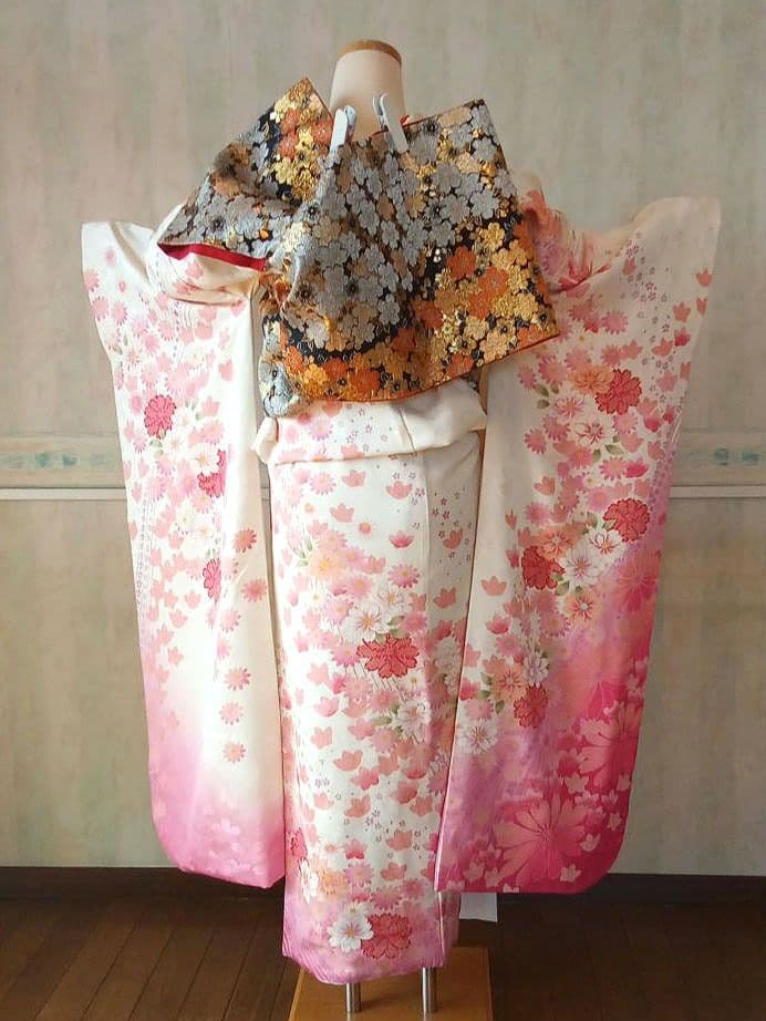 5157 振袖帯2点セット　正絹 白 オレンジ　成人式結婚式卒業式