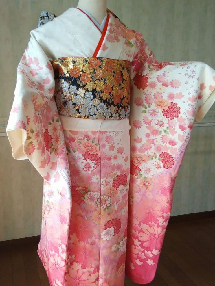 5157 振袖帯2点セット　正絹 白 オレンジ　成人式結婚式卒業式