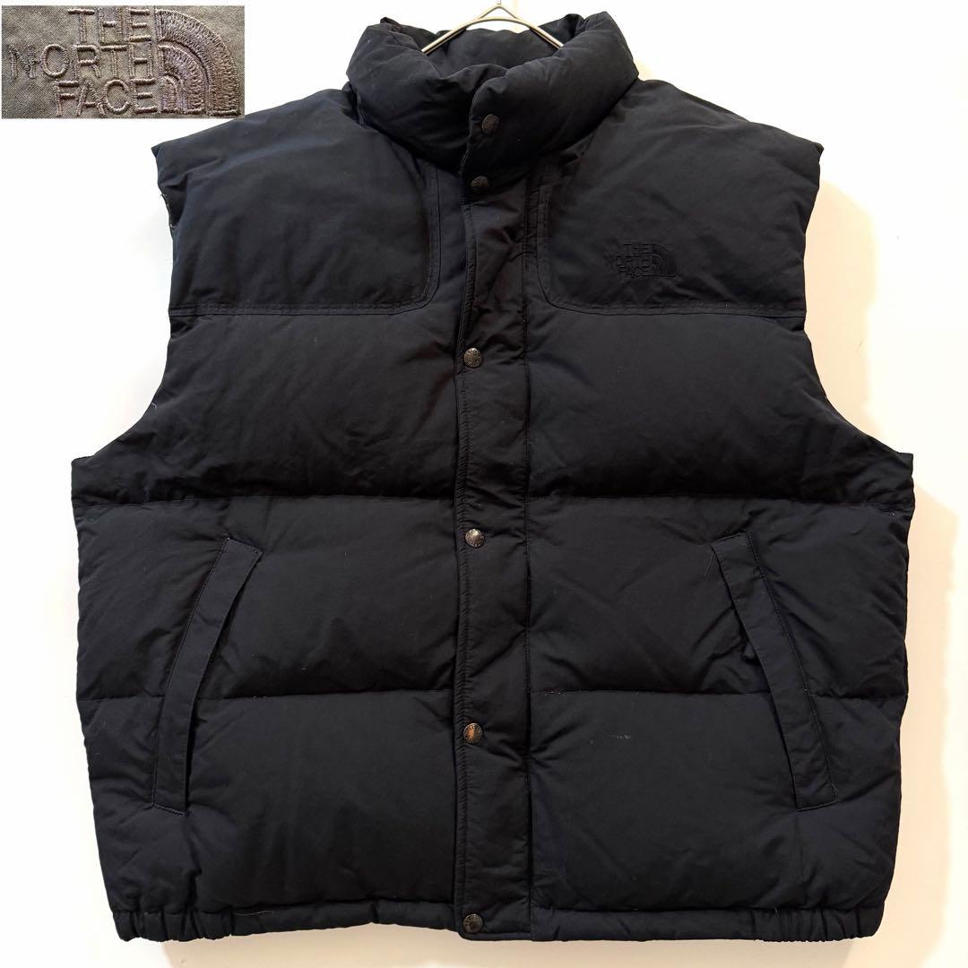 90s✨️XL Y2K ノースフェイス ダウンベスト オールブラック ロゴ刺繍