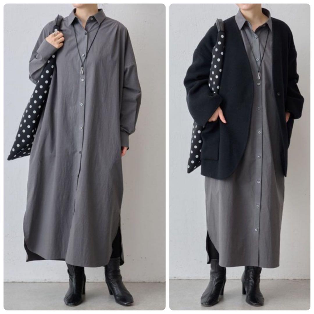 美品✨ビアズリー　2023AW　後ろフリルシャツワンピース　グレー　マキシ丈