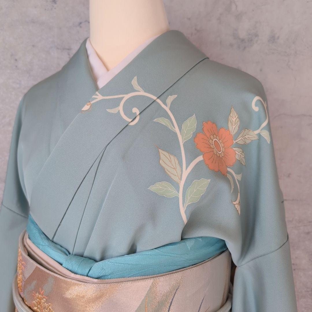 訪問着　フルセット　着物　正絹　淡い青緑　金彩加工　洋花　優美　爽やか　B2