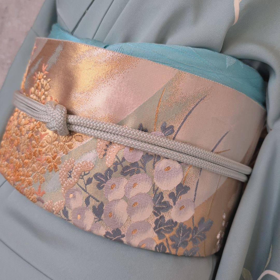 訪問着　フルセット　着物　正絹　淡い青緑　金彩加工　洋花　優美　爽やか　B2