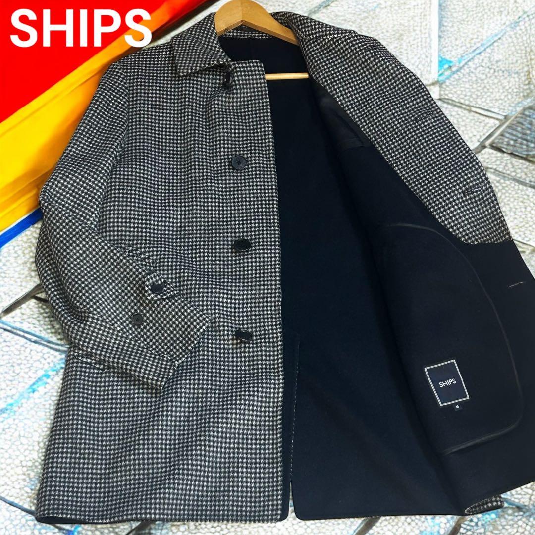 ma- シップス SUPER160s 千鳥格子 ウールステンカラーコートM