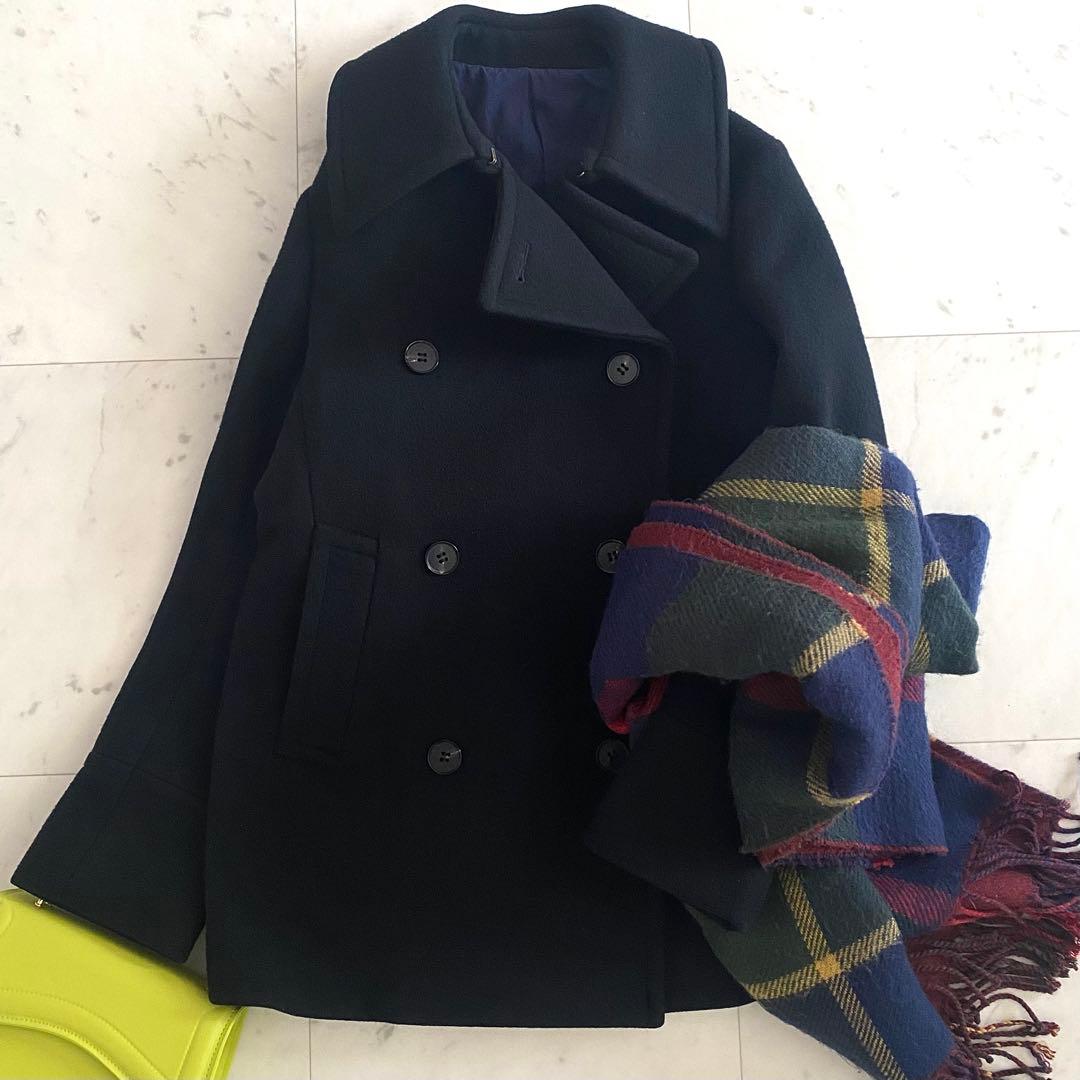 美品 ドゥロワー 2way ダブルブレストウールコート 日本製 ネイビー 38