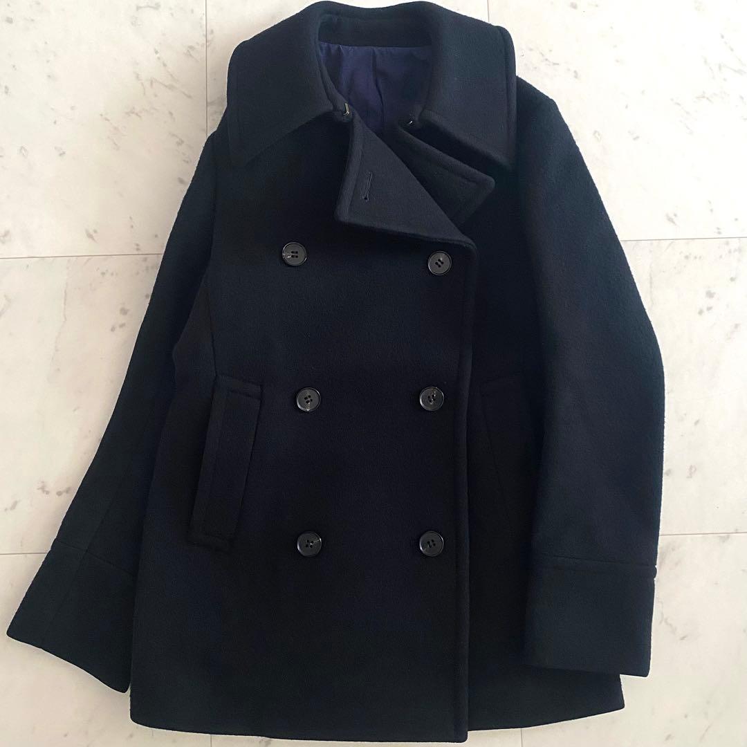 美品 ドゥロワー 2way ダブルブレストウールコート 日本製 ネイビー 38