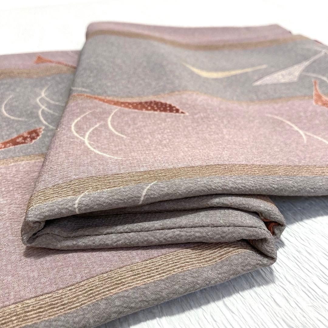【美品✨】東レシルック　洗える着物　小紋　黄みのグレー　くすみピンク　縦縞　G7