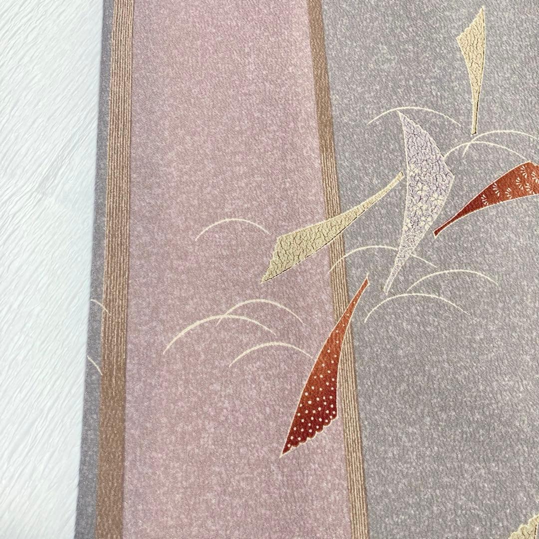 【美品✨】東レシルック　洗える着物　小紋　黄みのグレー　くすみピンク　縦縞　G7