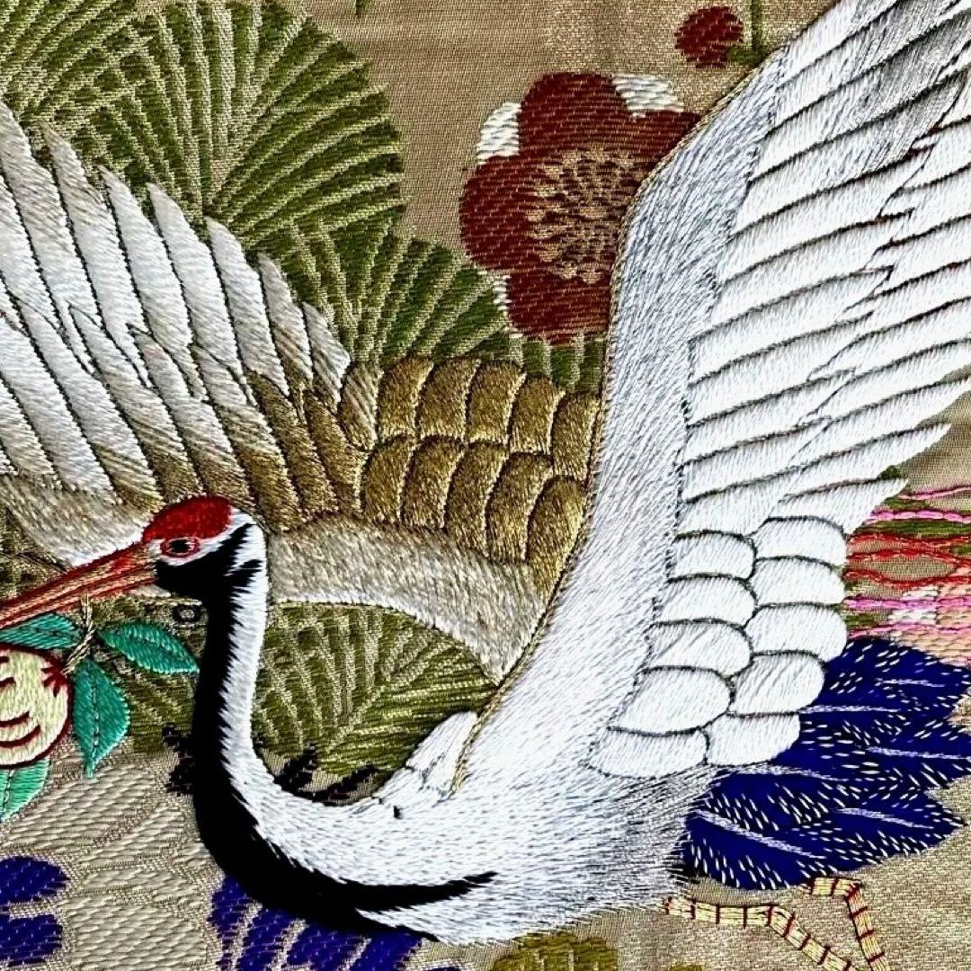 アンティーク名古屋帯　鶴の刺繍　金駒刺繍　上質　正絹　No.2-24