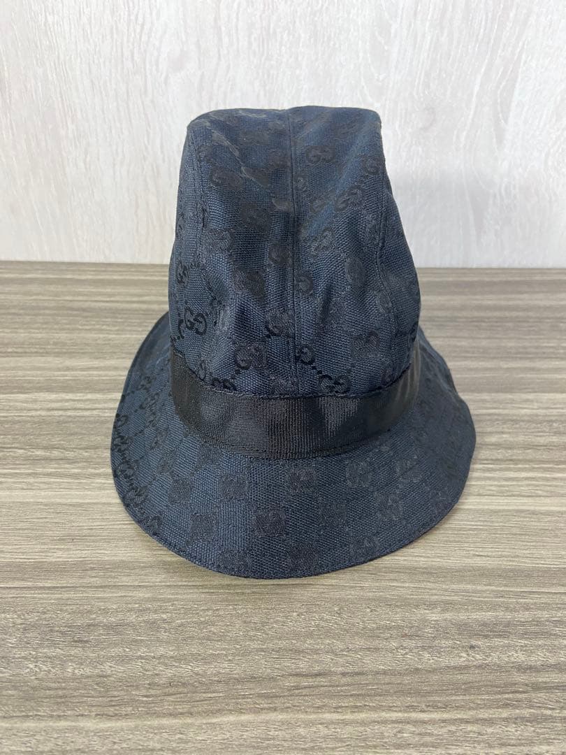 GUCCI バケットハット　帽子　GG柄　キャンバス　黒　ロゴプレート　XL