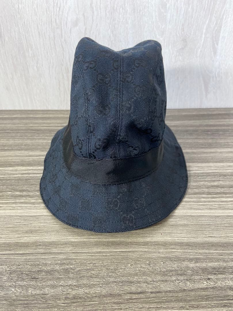 GUCCI バケットハット　帽子　GG柄　キャンバス　黒　ロゴプレート　XL