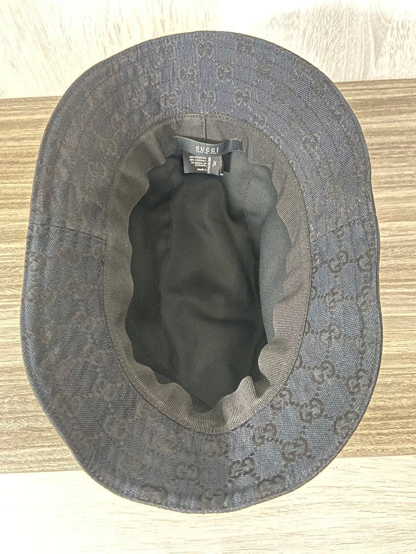 GUCCI バケットハット　帽子　GG柄　キャンバス　黒　ロゴプレート　XL