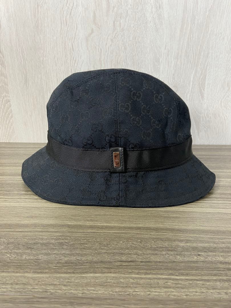 GUCCI バケットハット　帽子　GG柄　キャンバス　黒　ロゴプレート　XL