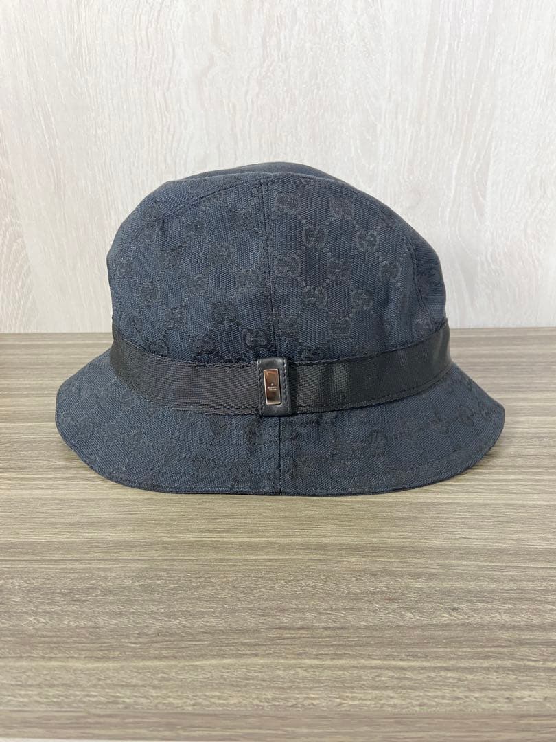 GUCCI バケットハット　帽子　GG柄　キャンバス　黒　ロゴプレート　XL