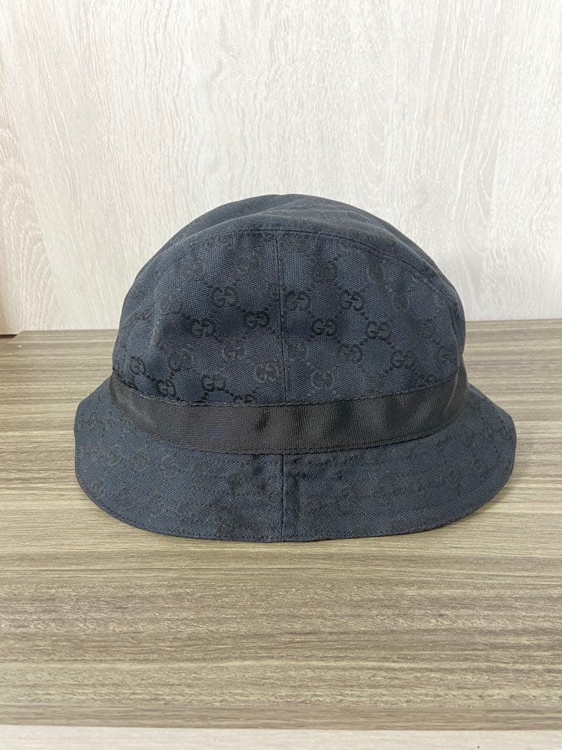 GUCCI バケットハット　帽子　GG柄　キャンバス　黒　ロゴプレート　XL