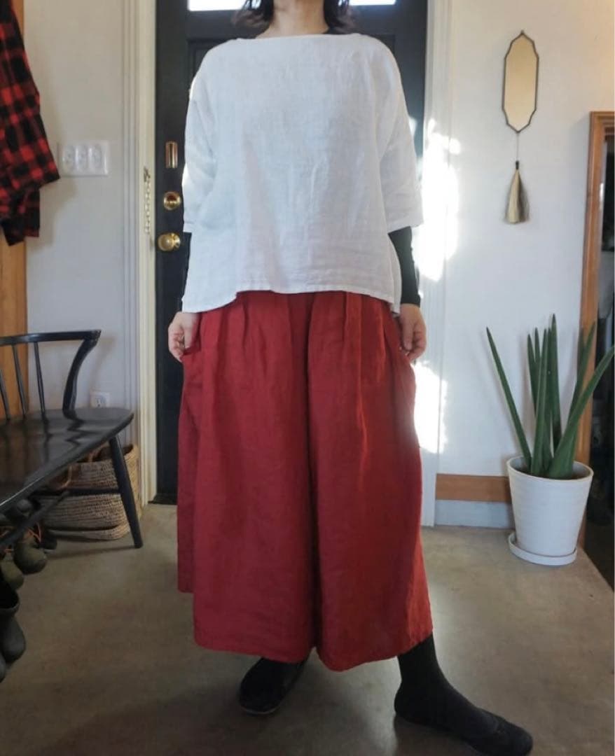 ヤンマ産業　リネンキュロットパンツ　プラス10㎝丈　レッド