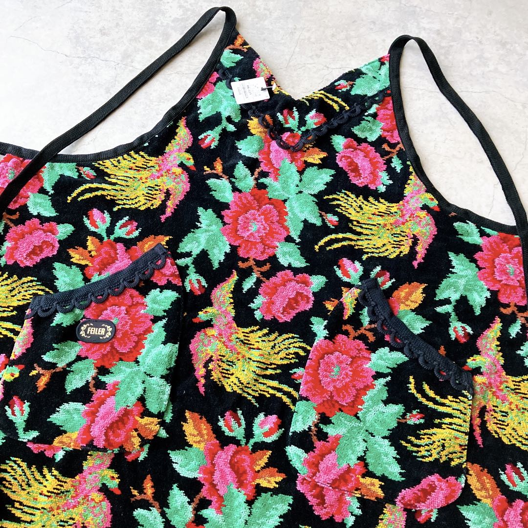 未使用美品＊ FEILER フェイラー エプロン 花 鳥 ドイツ製生地 黒