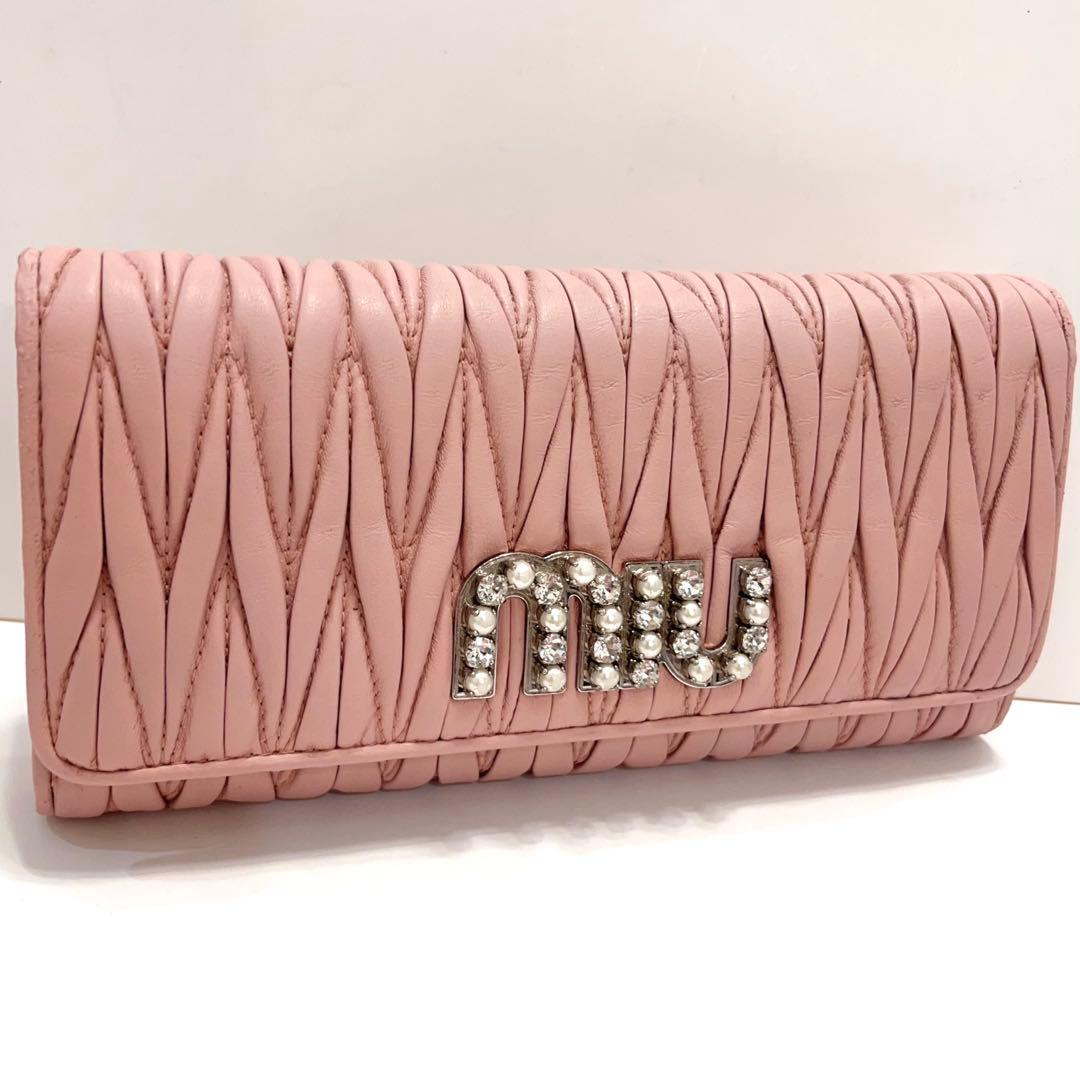 ミュウミュウ 長財布 マテラッセ ビジュー クリスタル ピンク レザー 大容量