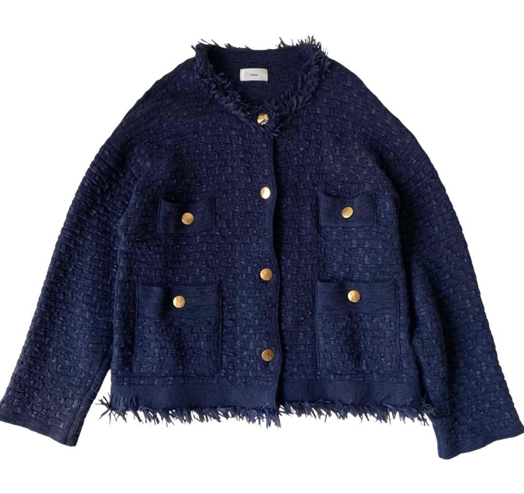 IENA イエナ ツイードニットジャケット ネイビー 金ボタン フリンジF