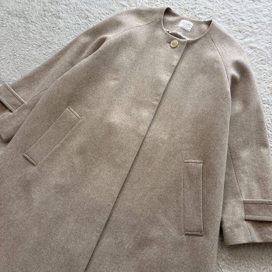 美品　yuni ユニ　ノーカラーロングコート　ウール　キナリ　ベージュ