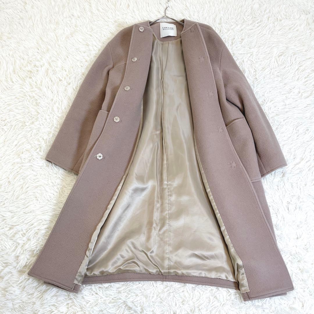ルルウィルビー ノーカラー ロングコート ウール 比翼 ピンクベージュ サイズ2