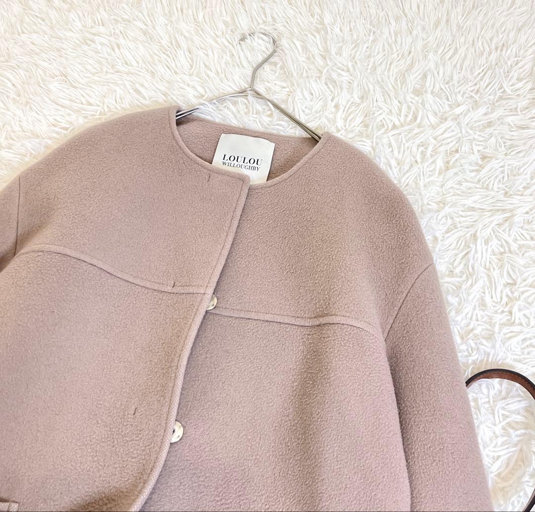 ルルウィルビー ノーカラー ロングコート ウール 比翼 ピンクベージュ サイズ2