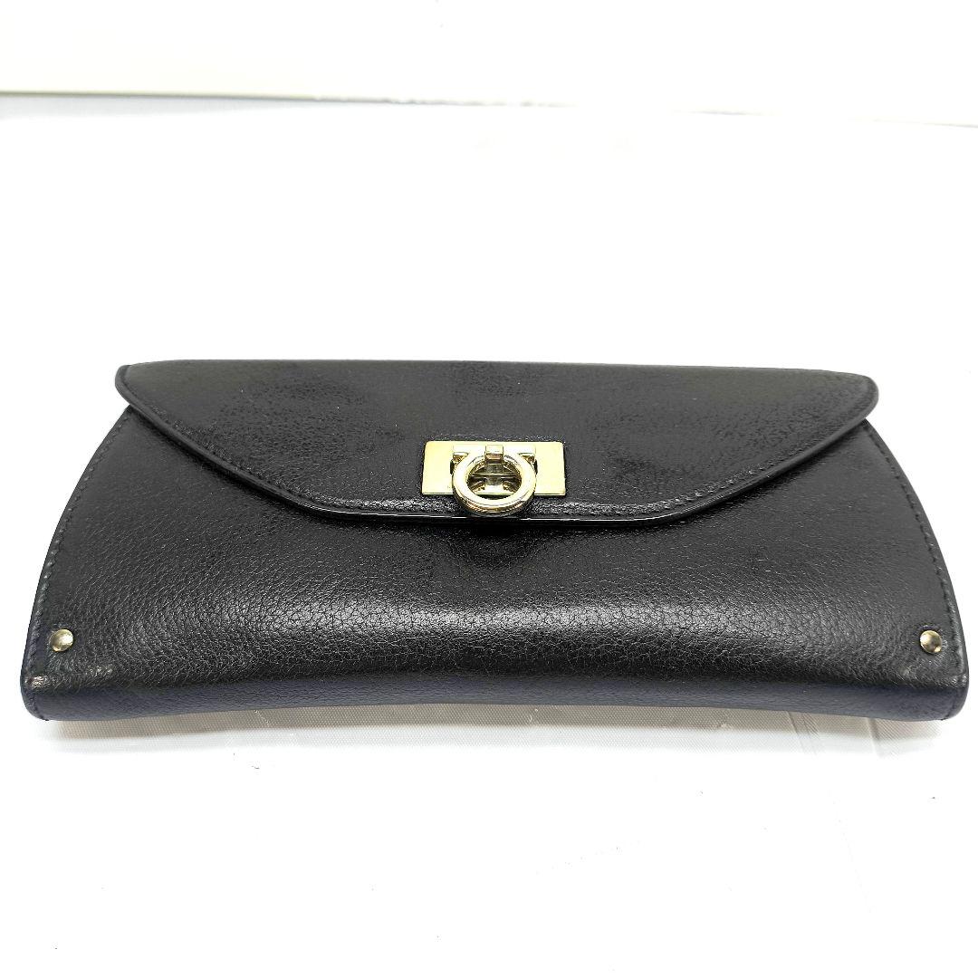 極美品 フェラガモ ガンチーニ 長財布 ブラック シルバー金具 フラップ