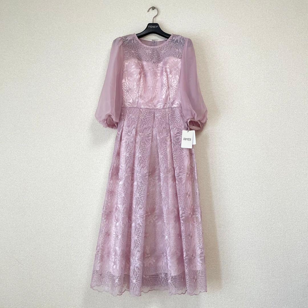 【新品未使用】AIMER オーガンジー花柄刺繍ボリュームスリーブドレス