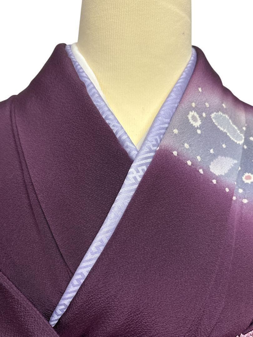 A35美品作家物落款 【華麗に花咲く辻ヶ花】訪問着　絞り　半衿付き正絹暈し茄子紫